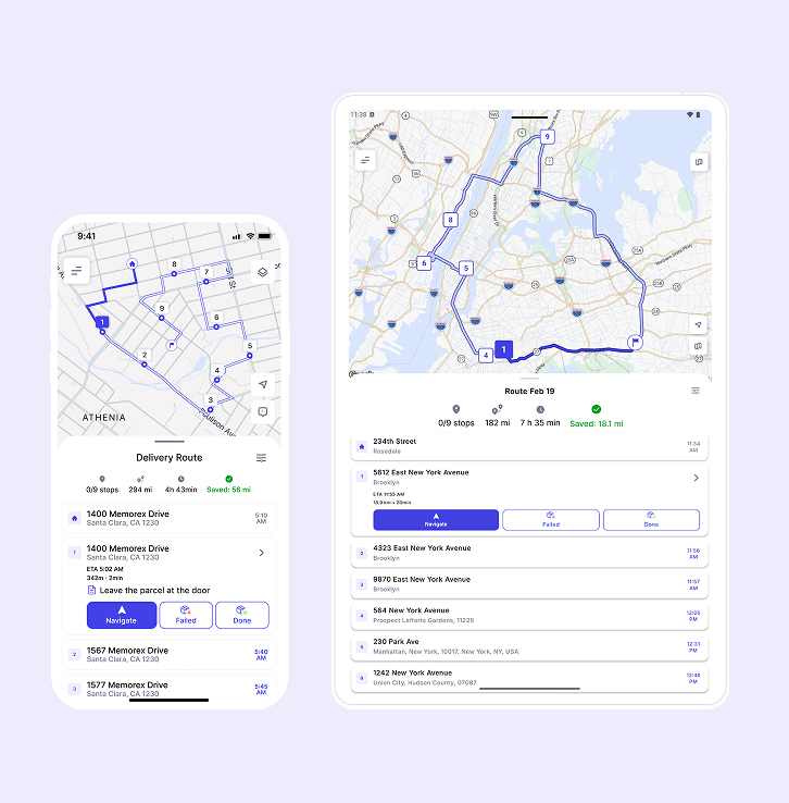 Optiway platform interface showing a multi-stop delivery route