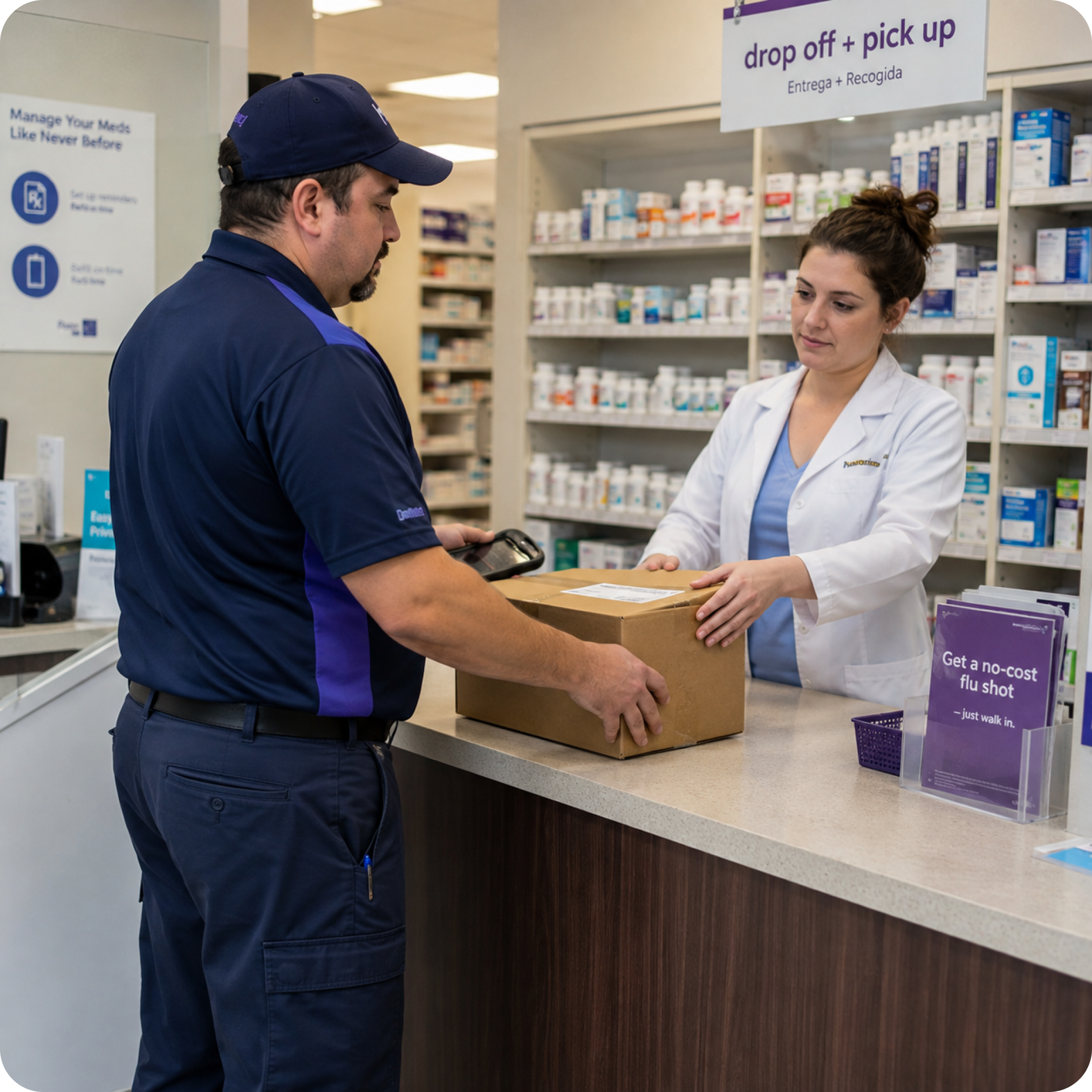 A medical courier handing a package to a pharmacist at a pharmacy drop-off counter