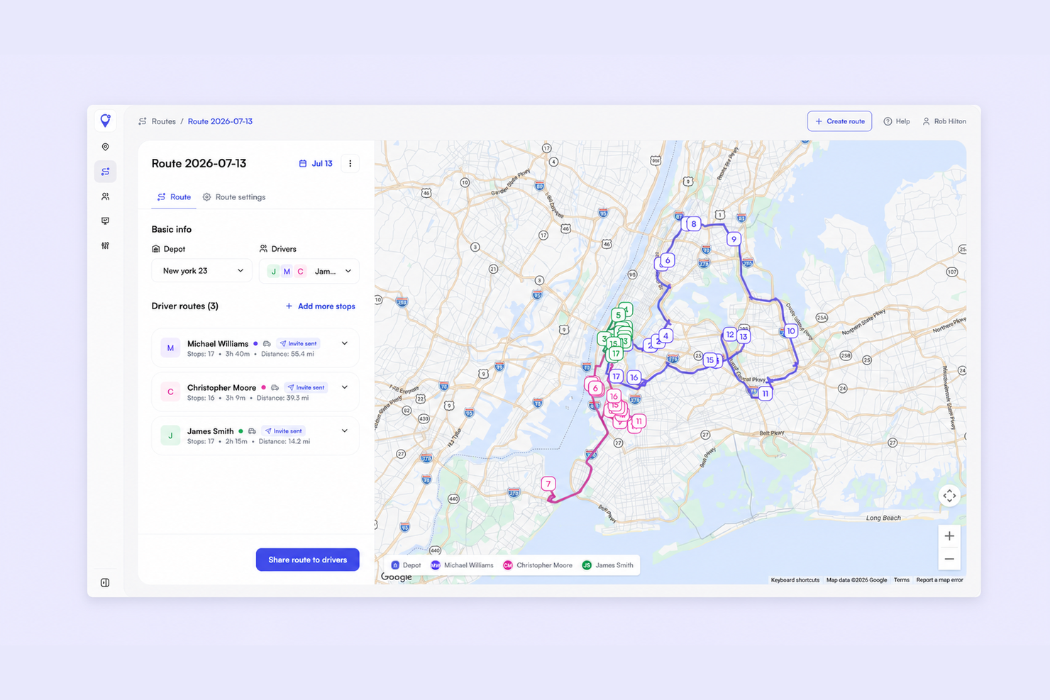 Optiway route planning dashboard sequencing multiple medical courier stops across drivers with ETAs