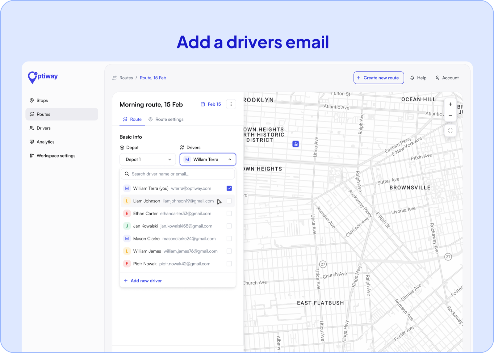 Optiway dispatch board assigning optimized routes across multiple drivers on one screen