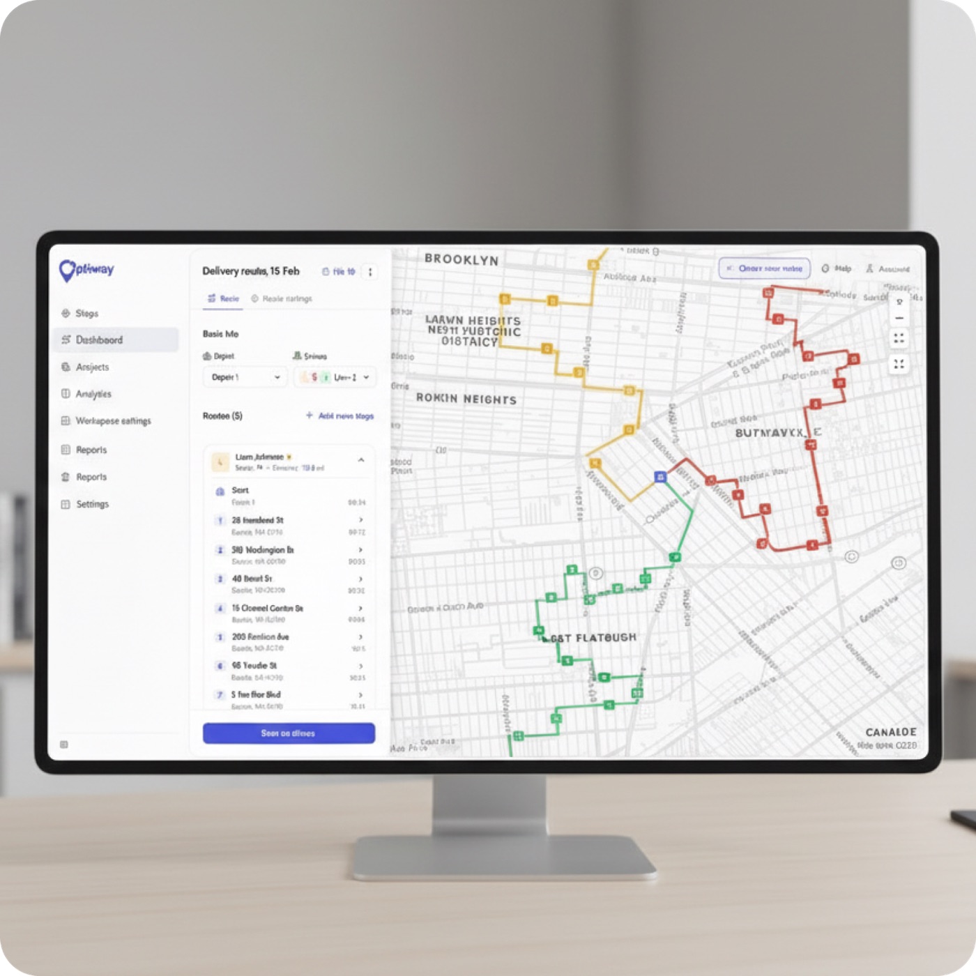 One-click route optimization in Optiway — an optimized multi-stop delivery route