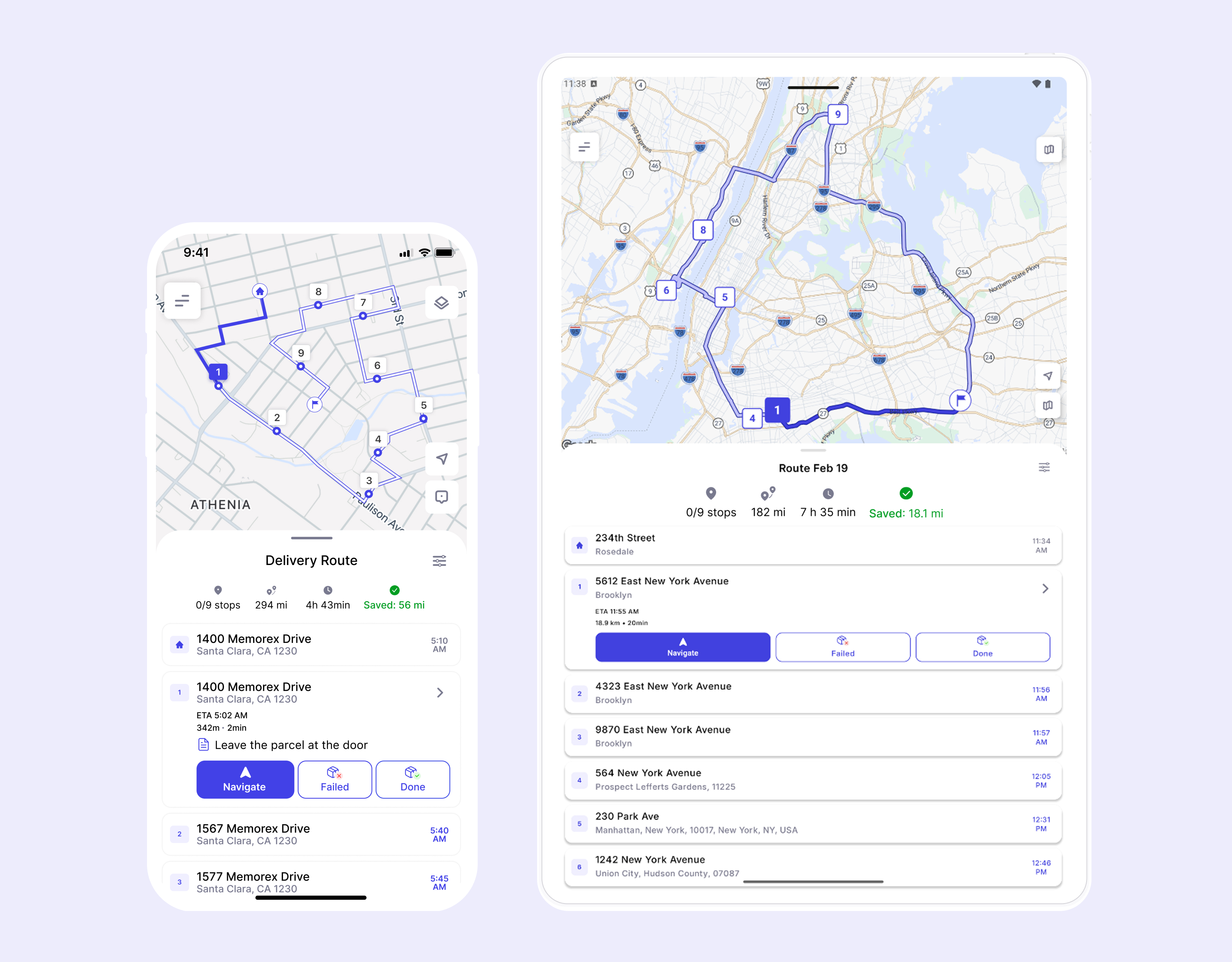 Optiway's platform interface and a visual of multiple delivery stops