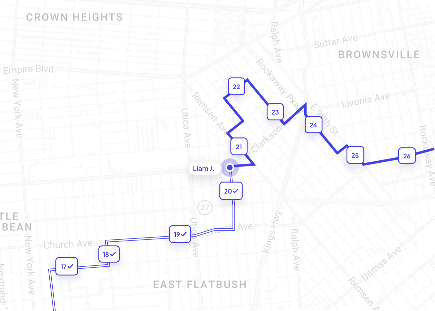 Live courier delivery route on the map with numbered stops and driver position