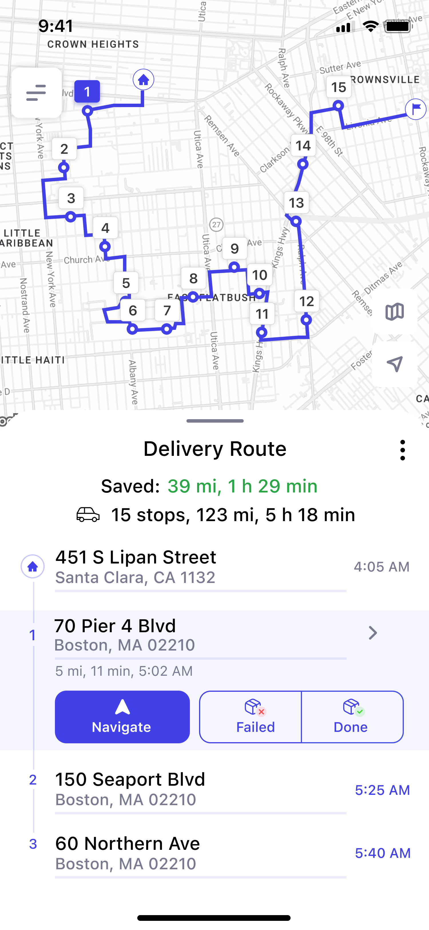 Optiway app — optimized route